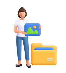 Smiling woman Jane holding a picture image icon in front of a large yellow folder. File storage, digital media management, content archiving concept. 3d vector people character. Cartoon minimal style.