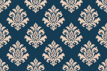 Seamless vintage damask pattern with elegant beige floral motifs on a deep navy blue background, perfect for classic wallpaper, textile, and luxury decor design.