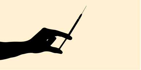Silhouette of hand holding syringe ready to inject to patient. Icon of healthcare symbol doctor will injection. Vector illustration.