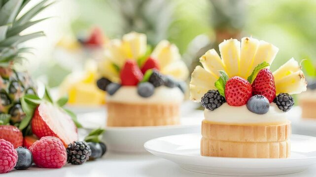 Assorted pineapple desserts with fresh fruit, buffet table