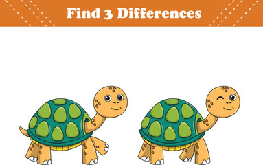 Education game for children find three differences between two turtle cartoon. Vector illustration
