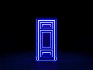 The door in the dark space. Blue neon door. 3D rendering