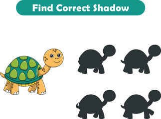 Funny cartoon turtle. find the correct shadow. Kids Education games. Cartoon vector illustration