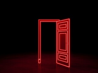 Open door in the dark space. Red neon door. 3D rendering