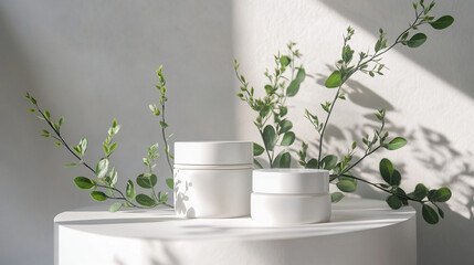 Minimalist product display featuring white cosmetic jars arranged with green branches for natural beauty