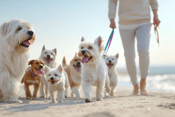 Group of happy dogs being walked on sandy beach by a person, showcasing various breeds enjoying the outdoors in a vibrant, sunny environment with joyful expressions