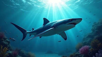 Fototapeta premium Majestic Shark Underwater Realm: A Digital Painting