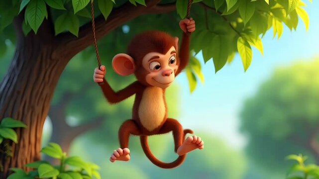 Cute cartoon monkey swinging on tree branch in vibrant green jungle forest