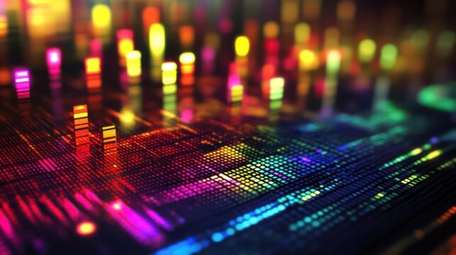 Abstract digital landscape with vibrant, colorful lights and data patterns.