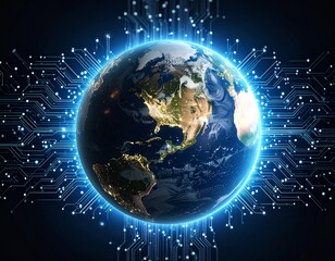 Digital Earth surrounded by AI data streams, neural network and binary code