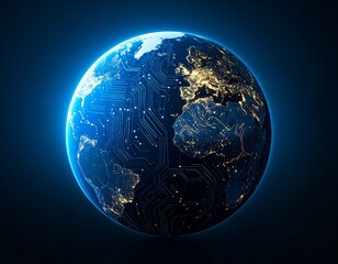 Digital Earth surrounded by AI data streams, neural network and binary code