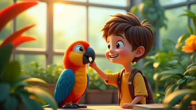 Happy boy playing with colorful parrot in sunlit greenhouse cartoon style