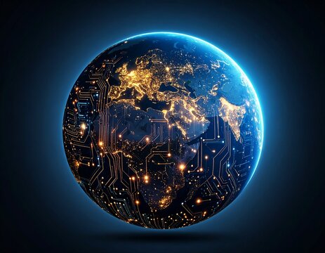 Digital Earth surrounded by AI data streams, neural network and binary code