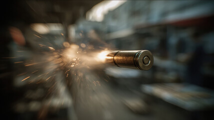a bullet flying through the air, captured in mid-motion, spinning rapidly, with visible vortex trails and air distortion spiraling around it