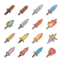 Set of Colorful Cartoon Swords with Fantasy and Magic Elements Isolated on White