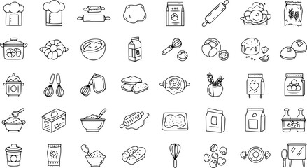 Rolling dough wooden pin icons set. Dough rolling, flour, rolling pin, baking tools and ingredients, preparing dough for baking cookies, pie, pizza
