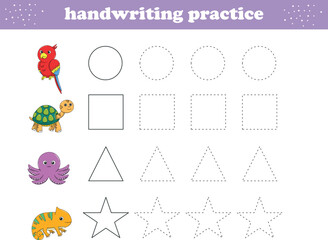 Handwriting Practice. Tracing lines of different shape for kids with animals. Vector Illustration