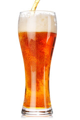 A glass of beer with a golden hue and frothy head, isolated on a clean white background