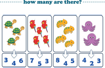 Counting game of wild animals for preschool kids. Printable. Vector Illustration
