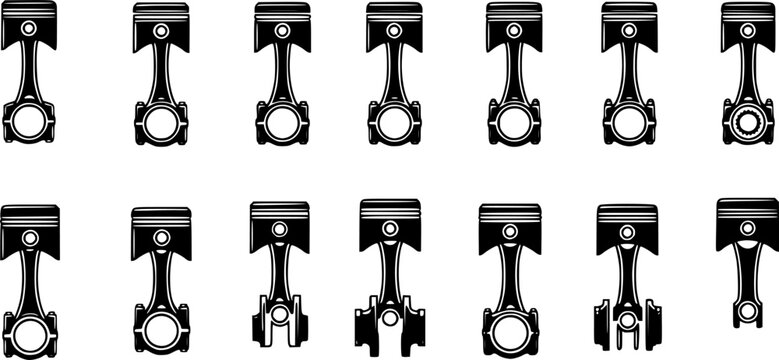 Car engine piston icons set. Collection of various engine pistons, highlighting diverse connecting rod and crankshaft configurations
