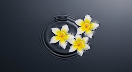 Floating Yellow Flower Blossoms on Dark Water with Ripples