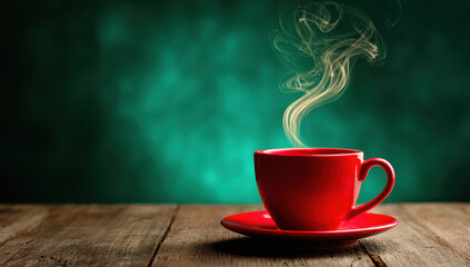 Hot red coffee cup with rising steam on wooden table and dark green abstract background