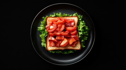 Toasted bread with tomato, lettuce on a black plate against black background. It is great for healthy eating promotion in recipe and food blog.