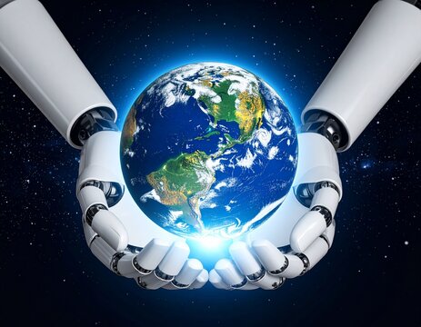 Planet Earth as a glowing orb held by robot hands, concept of AI power