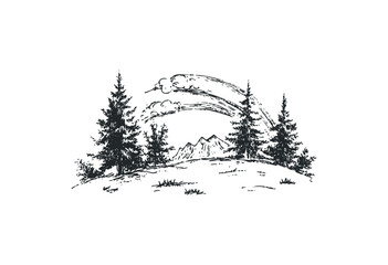 Sketch of pine trees and mountain landscape with scenic clouds. Vector retro hand drawn illustration