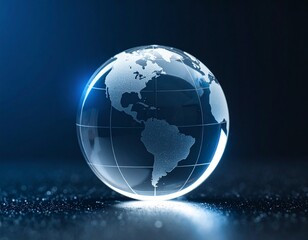 Transparent Earth globe made of glass, floating in dark cosmic environment