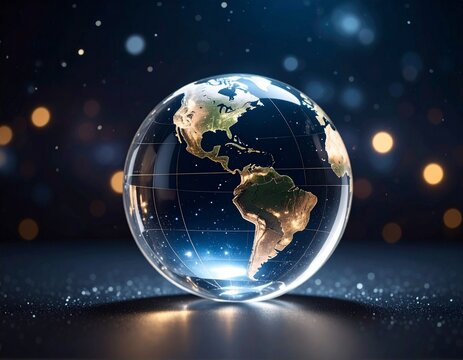 Transparent Earth globe made of glass, floating in dark cosmic environment