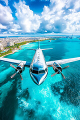 Obraz premium A plane flying over the ocean with a city in the background