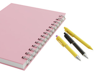 Pink Notebook and Pens isolated on transparent baackground