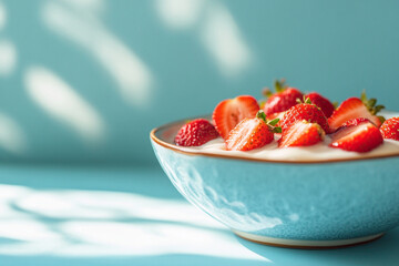 Photorealistic Close Up of a Cereal Bowl with Fresh Strawberries and Milk in Bright Natural Lighting