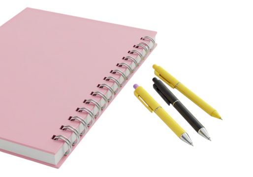Pink Notebook and Pens isolated on transparent baackground