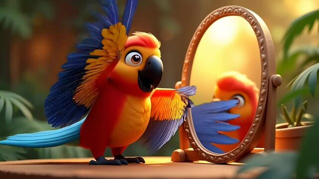 Colorful cartoon parrot looking at itself in mirror inside tropical jungle