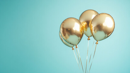 Photorealistic Gold Foil Balloons Floating Against a Soft Focus Blue Background for Celebrations and Events