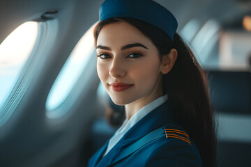 Professional stewardess in elegant uniform smiling warmly while standing inside modern airplane cabin, showcasing exceptional service and hospitality in aviation industry