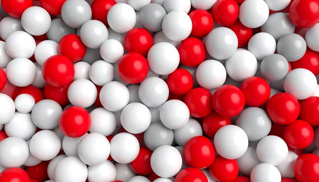 Abstract spheres of red, white, and gray