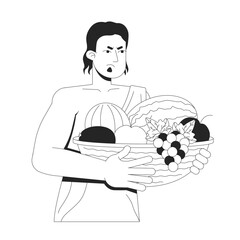 Displeased ancient man in toga holding fruit basket 2D line bible character. Old testament. Biblical farmer offering food abundance isolated vector ink outline person. Monochromatic spot illustration