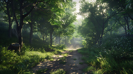 Obraz premium Serene Sunlit Forest Paths: Morning Light Filtering Through Lush Canopies