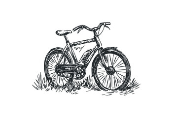 Fototapeta premium Hand-drawn bicycle sketch with detailed lines and grass elements. Vector retro hand drawn illustration