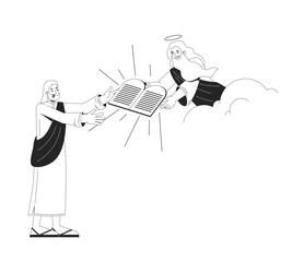 Moses receiving ten commandments from God 2D line bible characters. Divine figure in clouds handing stone tablets to robed man isolated vector ink outline people. Monochromatic spot illustration