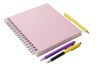 Pink Spiral Notebook with Pens A CloseUp View of Stationery isolated on transparent baackground