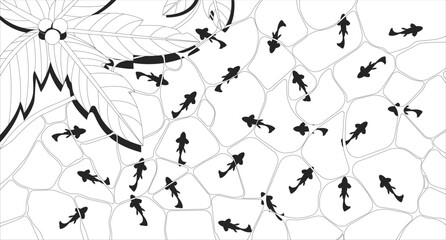 Top view tropical swimming pool with fishes and palm-tree line illustration backdrop. Resort poolside, beach edge overhead. Swimmingpool 2D ink outline monochrome lo-fi background. Lineart vector