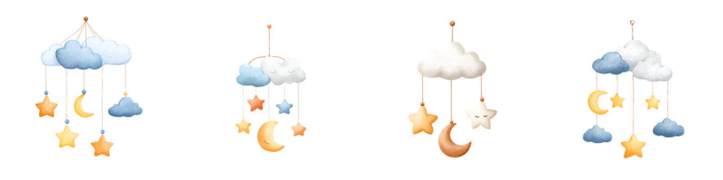 Decorative mobile with clouds stars and moons for nursery decor