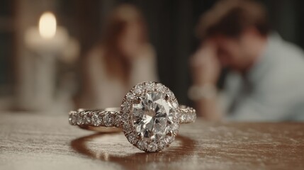 Elegant diamond ring with intricate details showcased on a wooden table, highlighting a romantic moment in a softly lit background of a couple