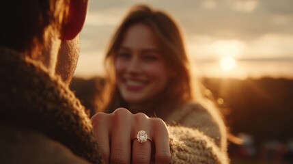Engagement Proposal with Stunning Diamond Ring at Sunset, Depicting Joyful Couple Embracing Romantic Moment Together in Nature