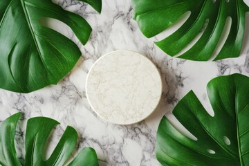 Marble podium surrounded by vibrant green Monstera leaves. Ideal for showcasing natural skincare or luxury product presentation.