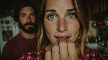 Close-up Portrait of a Woman with Freckles and Engagement Ring with a Man Blurred in Background in Cozy Indoor Setting Capturing Natural Emotion and Love